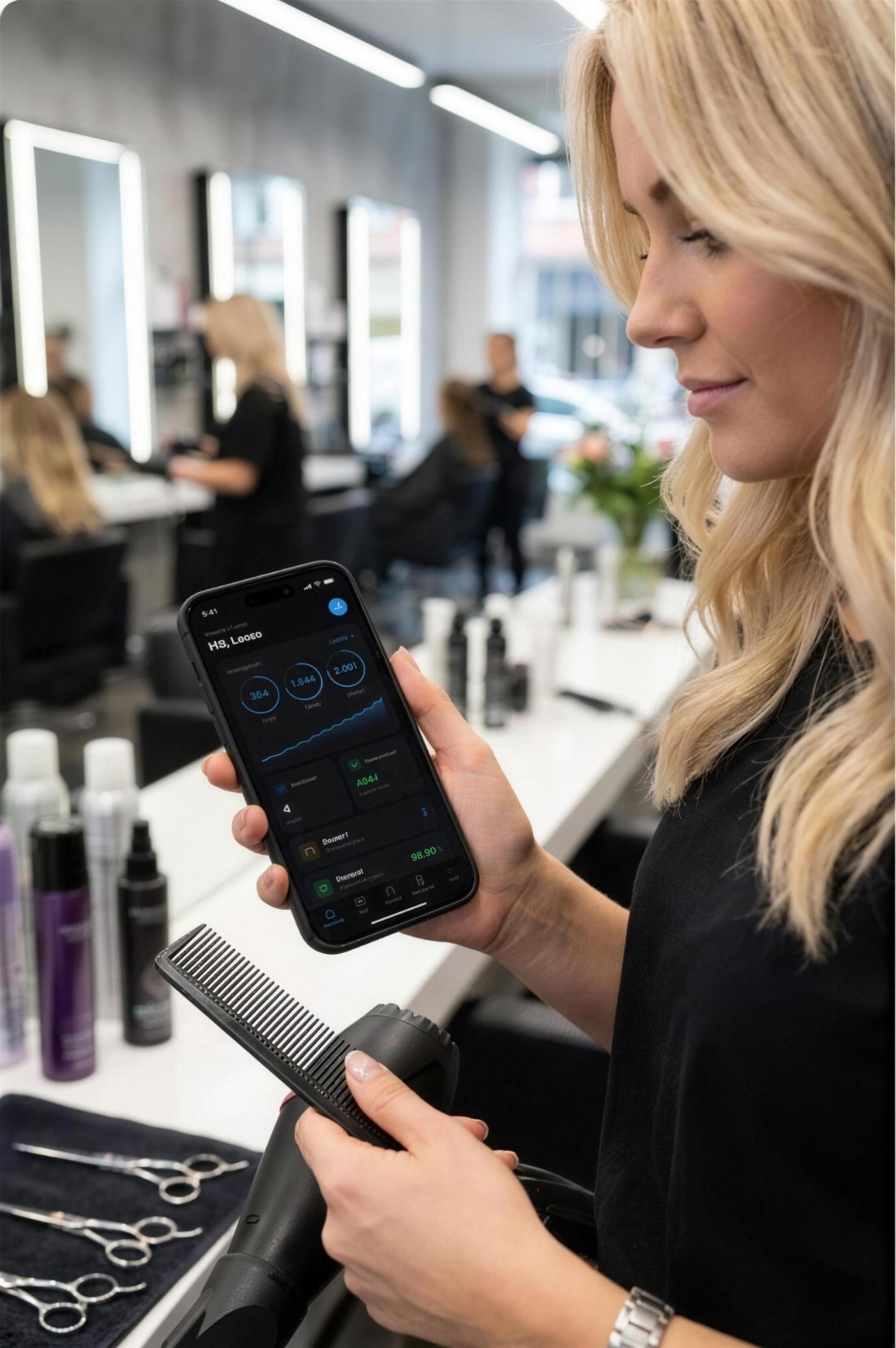 Frisør med telefonen i salonen